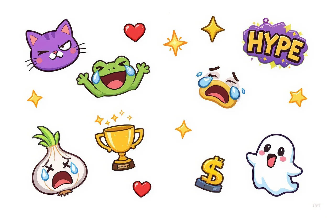 A collection of colorful, custom-designed cartoon emotes for streaming platforms, including a winking cat, a cheering frog, and a hype bubble, arranged on a white background.
