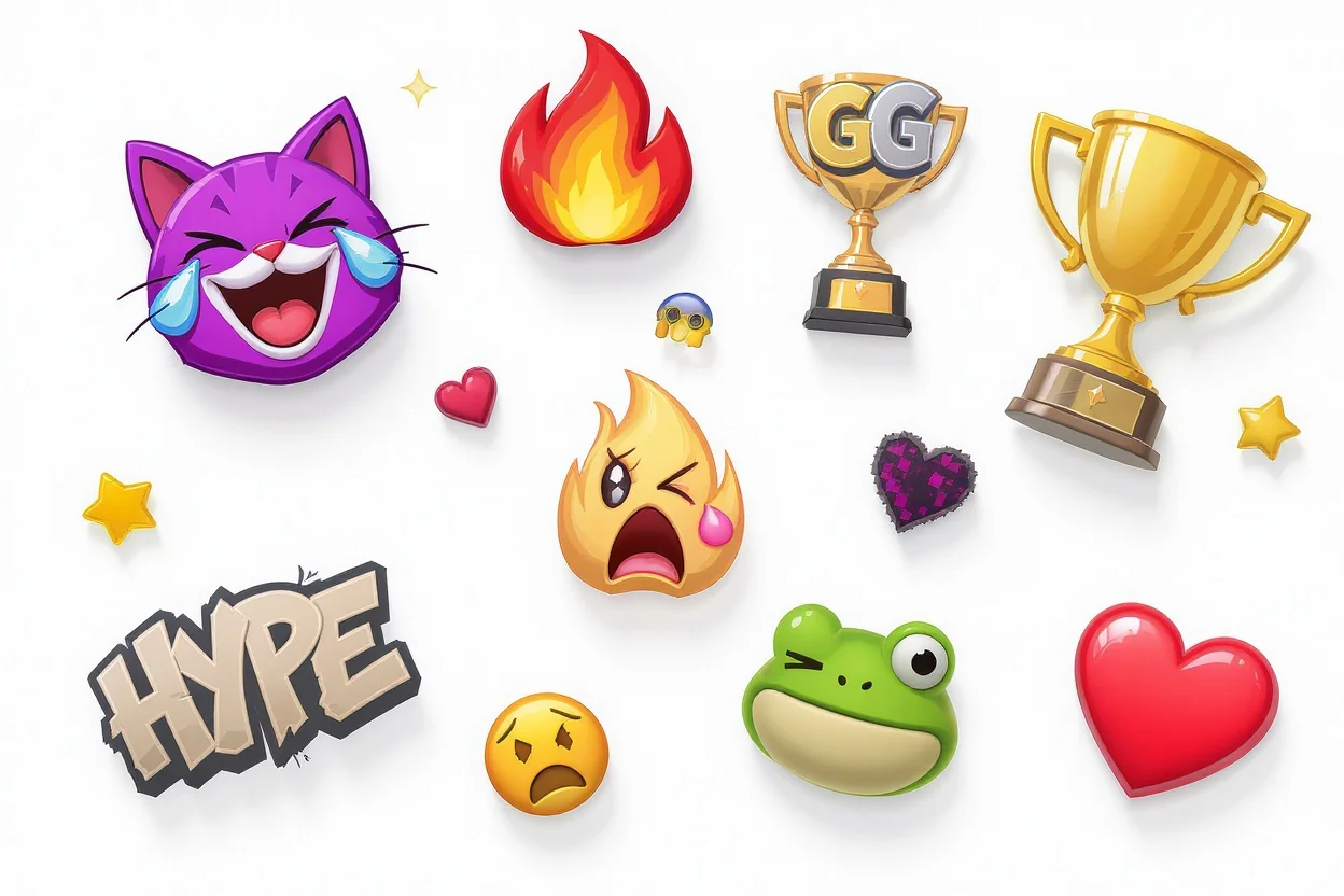 A collection of colorful, custom-designed cartoon emotes for streaming channels, including a laughing cat, a surprised girl, and a golden trophy, all displayed against a white background.