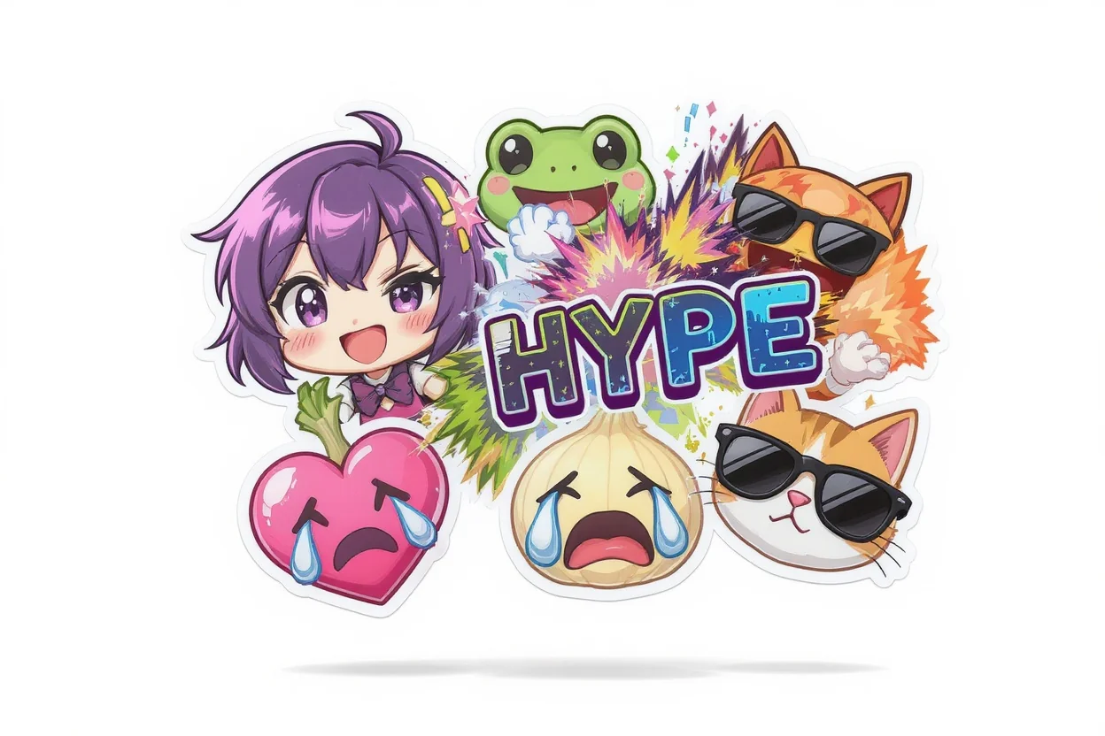 A collection of colorful, custom-designed cartoon emotes, including a winking anime girl, a laughing frog, and a cool cat with sunglasses, floating against a plain white background.