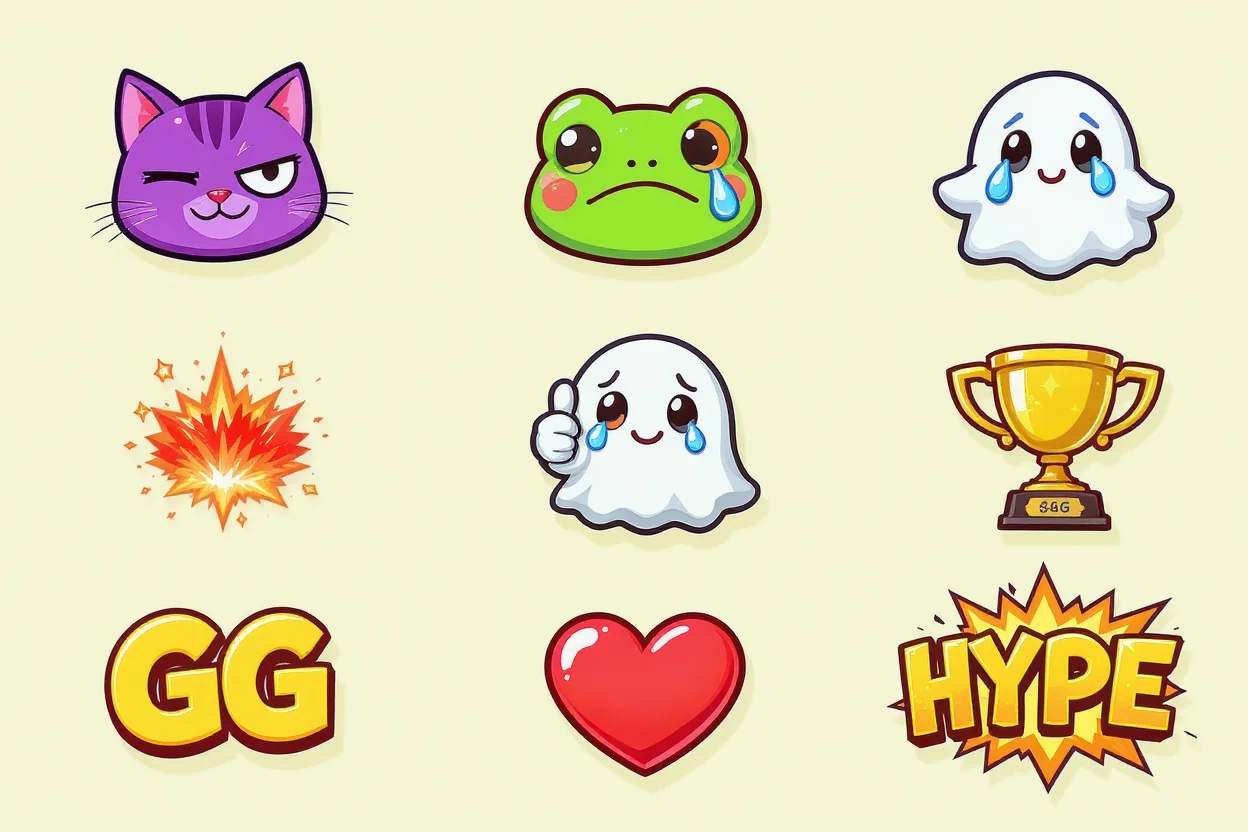 A colorful grid of nine custom-designed cartoon emotes on a white background. The emotes feature various characters like a winking cat and a crying frog, alongside text emotes like 'GG' and 'HYPE', showcasing a custom emote generation service.