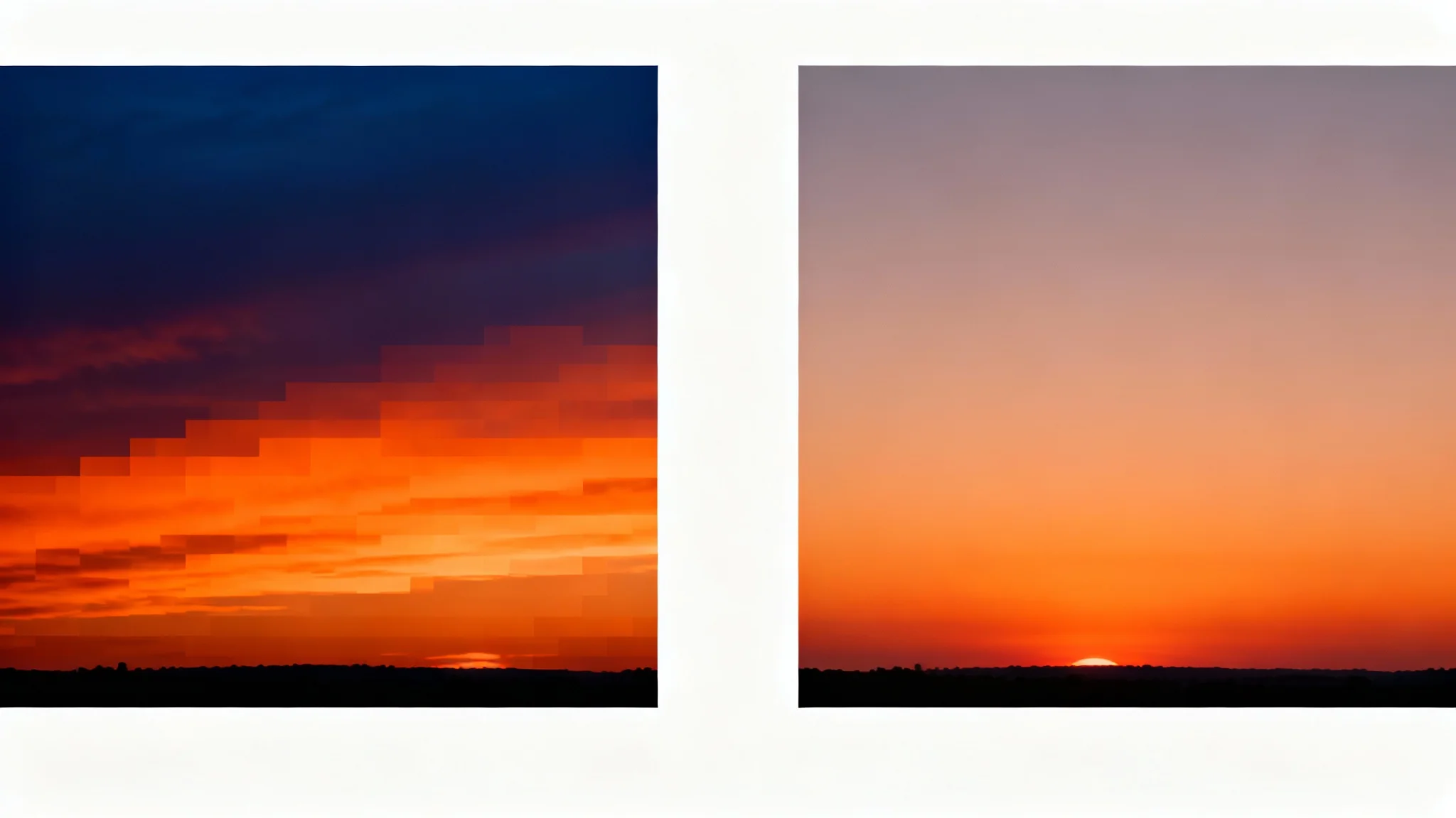 A split-screen comparison image demonstrating the fixing of gradient banding. The left half shows a sunset with visible, ugly color bands, and the right half shows the same sunset with a perfectly smooth, continuous gradient.
