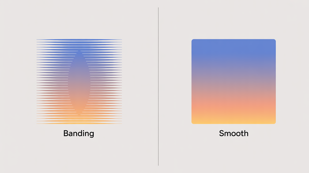 A side-by-side comparison illustrating the fixing of gradient banding. The left side shows a gradient with ugly, visible color bands, labeled 'Banding'. The right side shows the same gradient but perfectly smooth, labeled 'Smooth'.