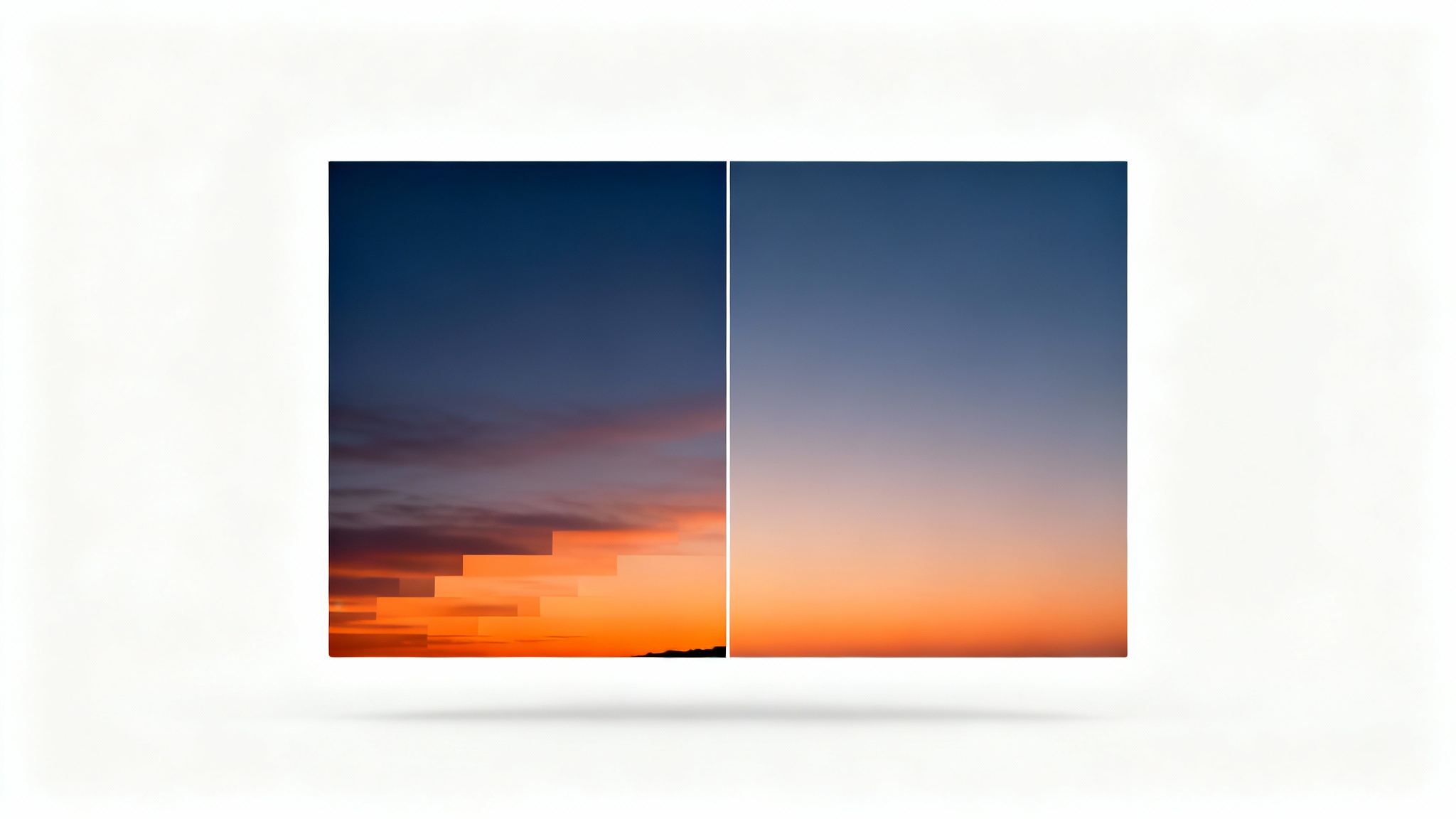 A split-screen comparison showing a sky gradient. The left side has ugly color banding, while the right side is perfectly smooth, demonstrating the effect of fixing gradient banding.