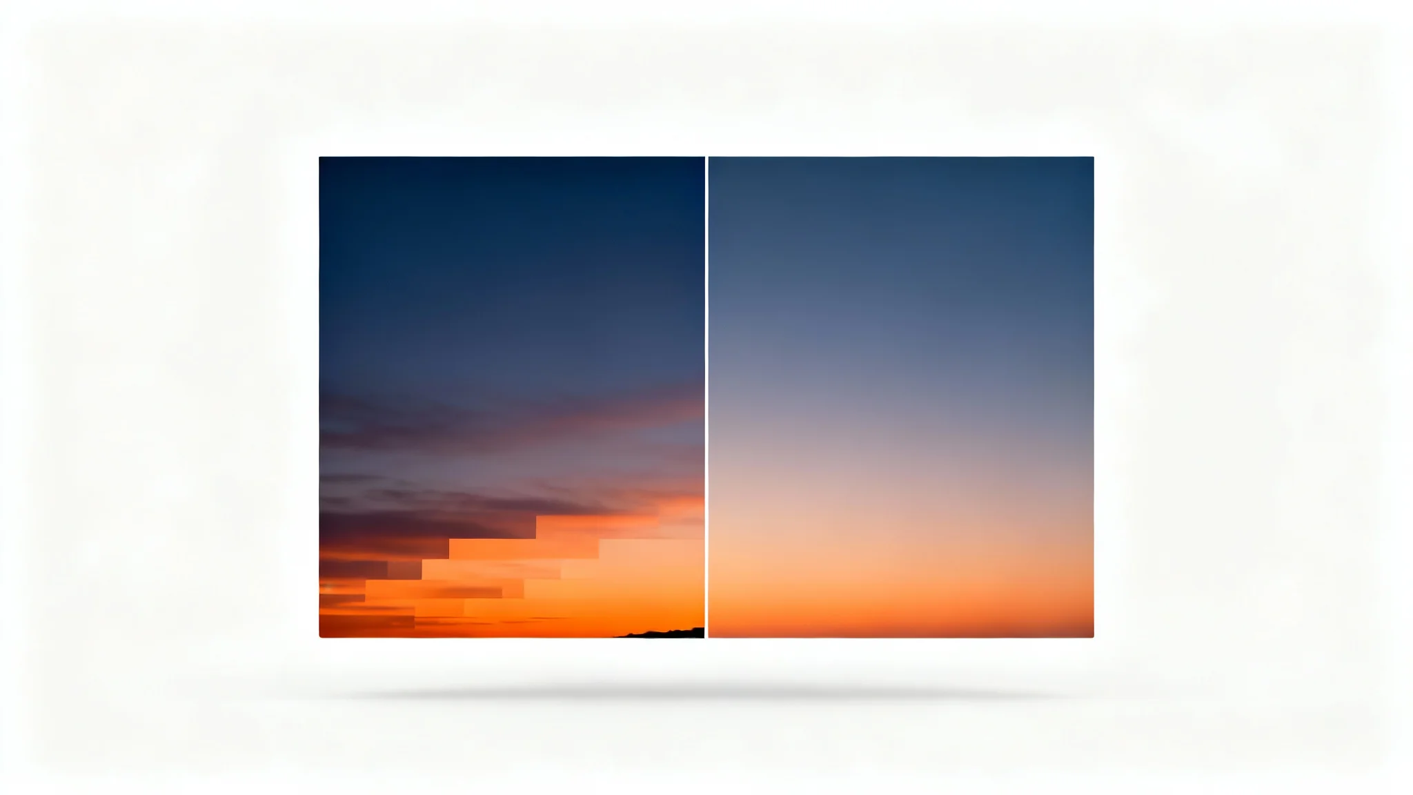 A split-screen comparison showing a sky gradient. The left side has ugly color banding, while the right side is perfectly smooth, demonstrating the effect of fixing gradient banding.