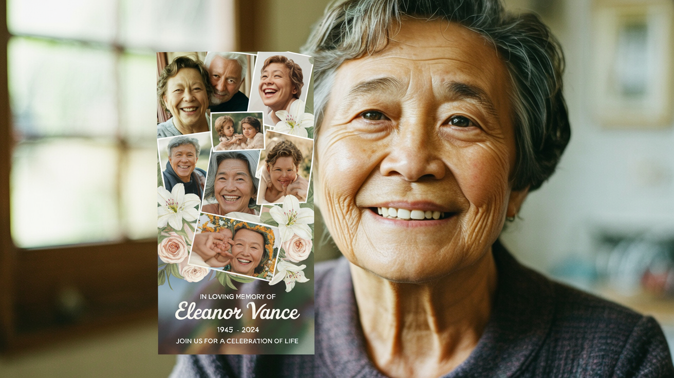 A finished memorial photo collage poster celebrating the life of an elderly woman. A large central portrait is surrounded by smaller happy photos, framed by flowers, with 'In Loving Memory' text at the bottom.