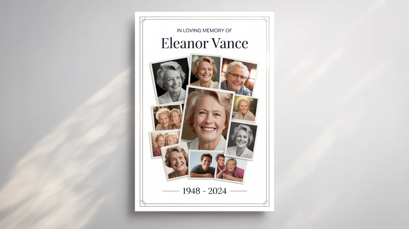 A memorial photo collage poster for 'Eleanor Vance' (1948-2024) featuring a collection of photos from her life, set against a plain white background.