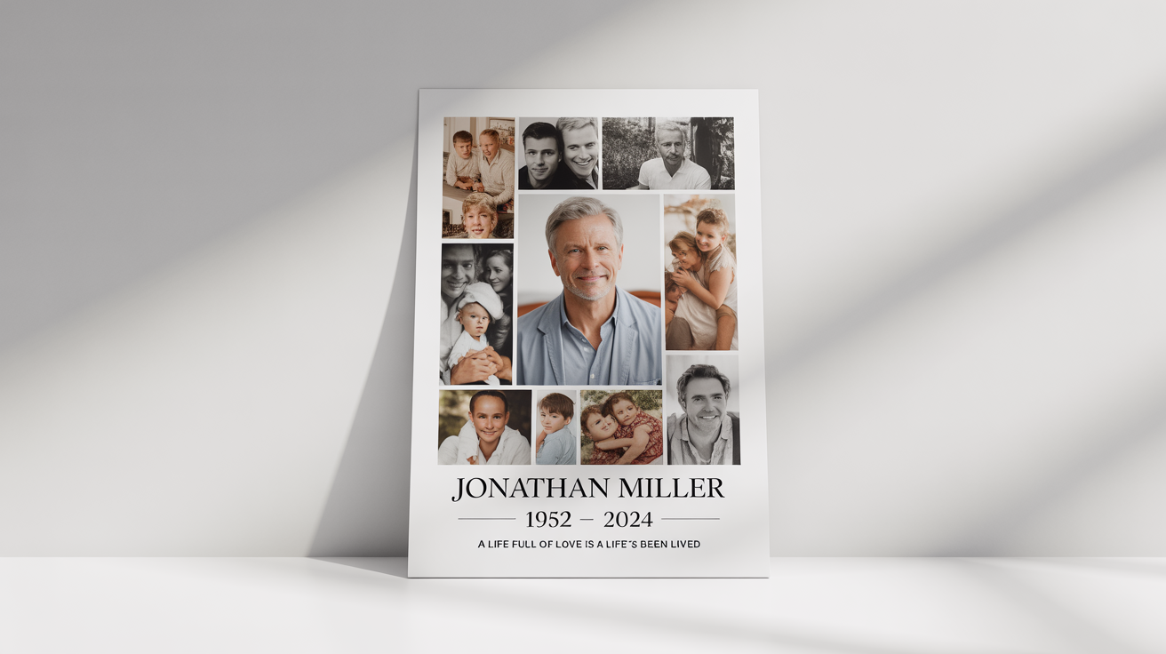 A mockup of a memorial photo collage poster for 'Jonathan Miller, 1952-2024', featuring a collection of photos from his life and the text 'In Loving Memory of' against a white background.