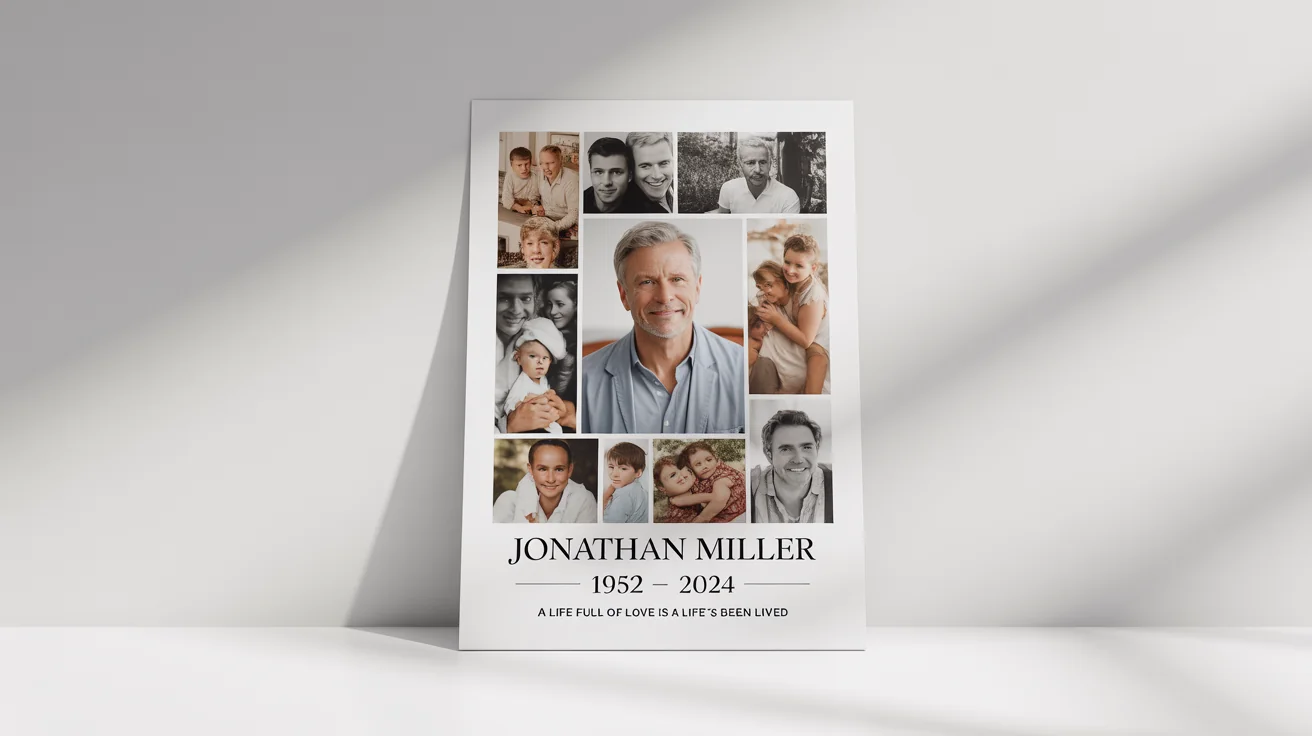 A mockup of a memorial photo collage poster for 'Jonathan Miller, 1952-2024', featuring a collection of photos from his life and the text 'In Loving Memory of' against a white background.