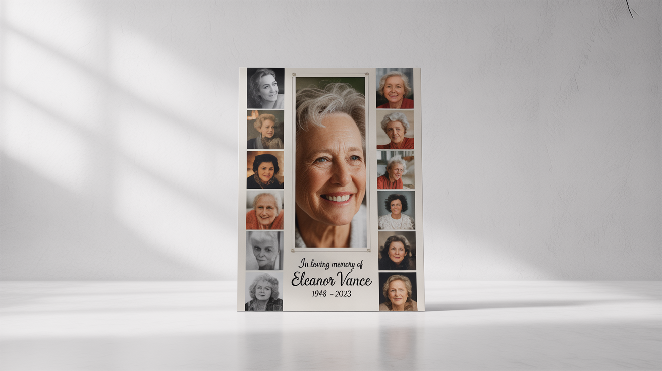 A memorial photo collage poster for 'Eleanor Vance', featuring a collection of photos from her life. The poster includes her name and the dates '1948 - 2023', displayed as a mockup on a white background.