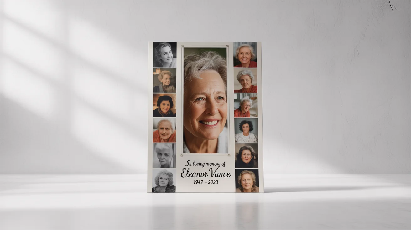 A memorial photo collage poster for 'Eleanor Vance', featuring a collection of photos from her life. The poster includes her name and the dates '1948 - 2023', displayed as a mockup on a white background.