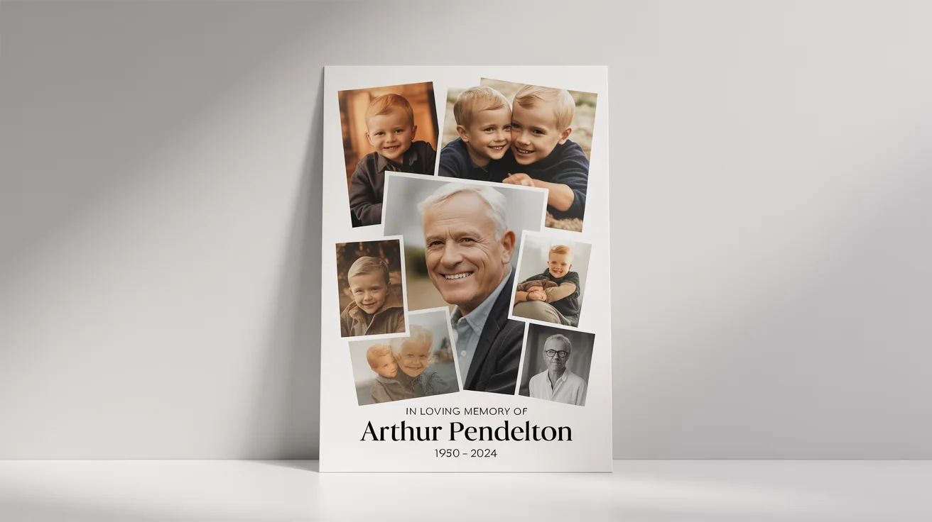 A mockup of a memorial photo collage poster for 'Arthur Pendelton', featuring a mix of color and black-and-white photos from his life, displayed against a plain white background.