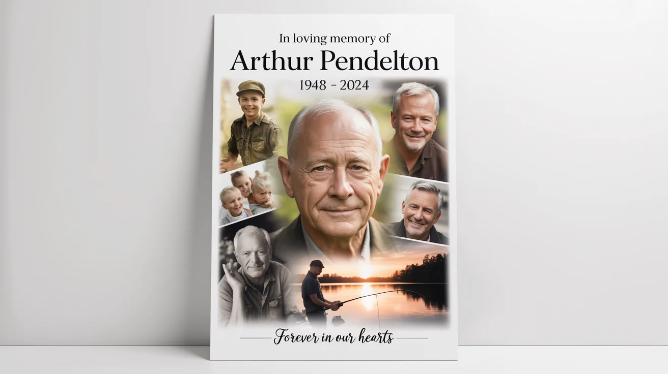 A memorial photo collage poster for 'Arthur Pendelton', featuring a large central portrait and smaller surrounding photos from his life, with the dates '1948-2024' and the phrase 'Forever in our Hearts', displayed on a white background.