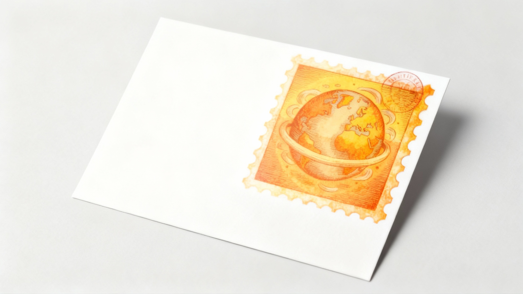 A close-up of a white postcard with a digital stamp effect applied in the corner, showing a vintage-style orange and yellow design of a globe and clouds.