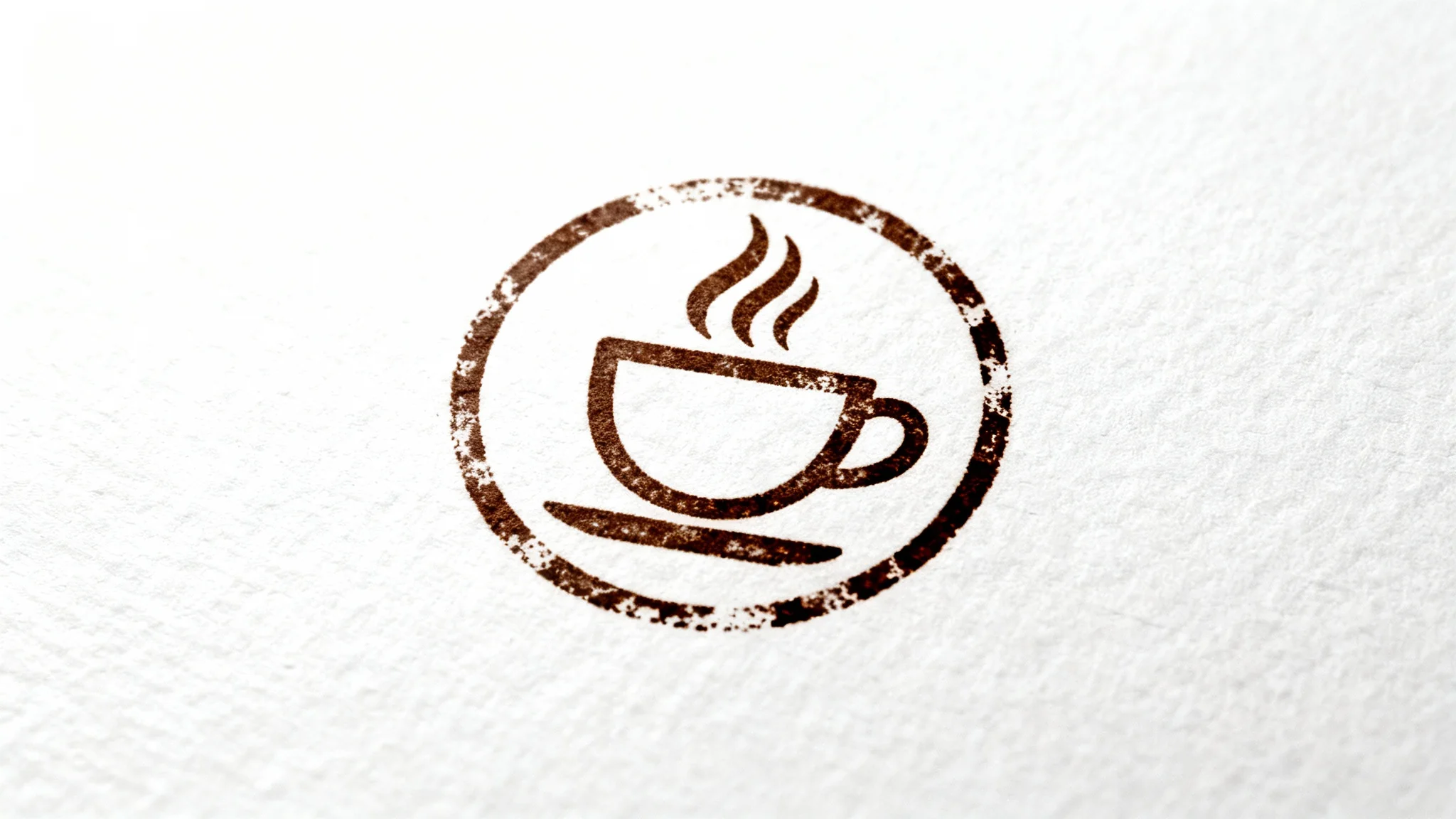 A photorealistic mockup of a circular, dark brown rubber stamp impression on textured white paper. The stamp features a stylized logo of a coffee cup, and the ink has an authentic, slightly weathered texture.