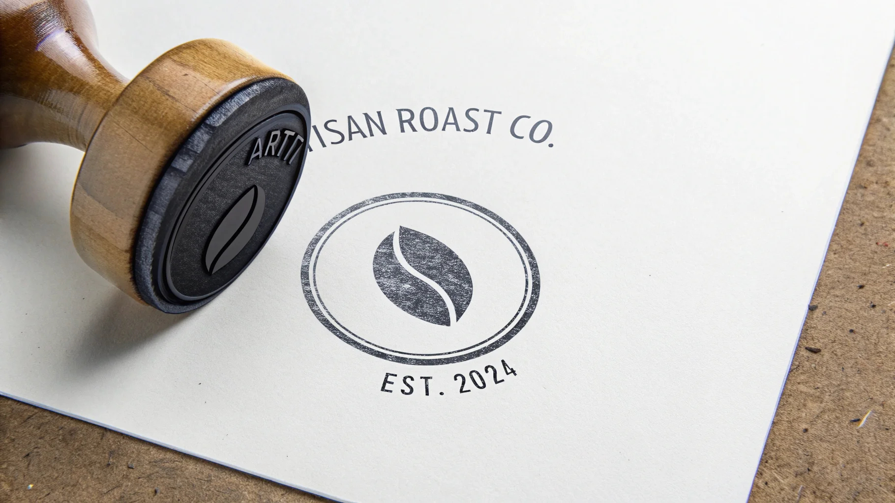 A mockup of a circular black ink stamp on a white background. The stamp has a coffee bean icon and reads 'ARTISAN ROAST CO. EST. 2024', demonstrating a textured stamp effect.