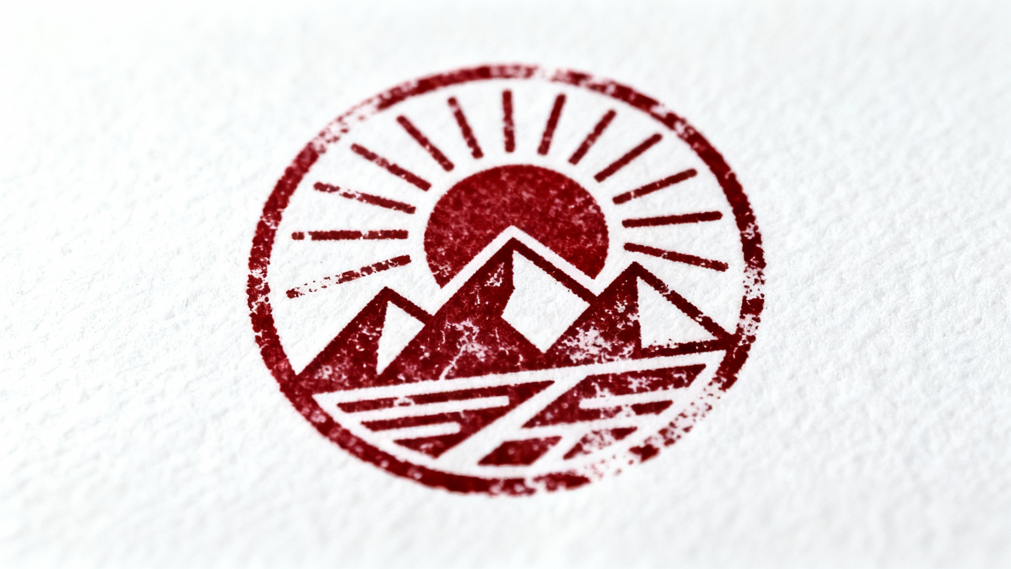 A close-up, realistic image of a circular red ink stamp on a white surface, featuring a design of a mountain range and a sun with a textured, hand-stamped effect.