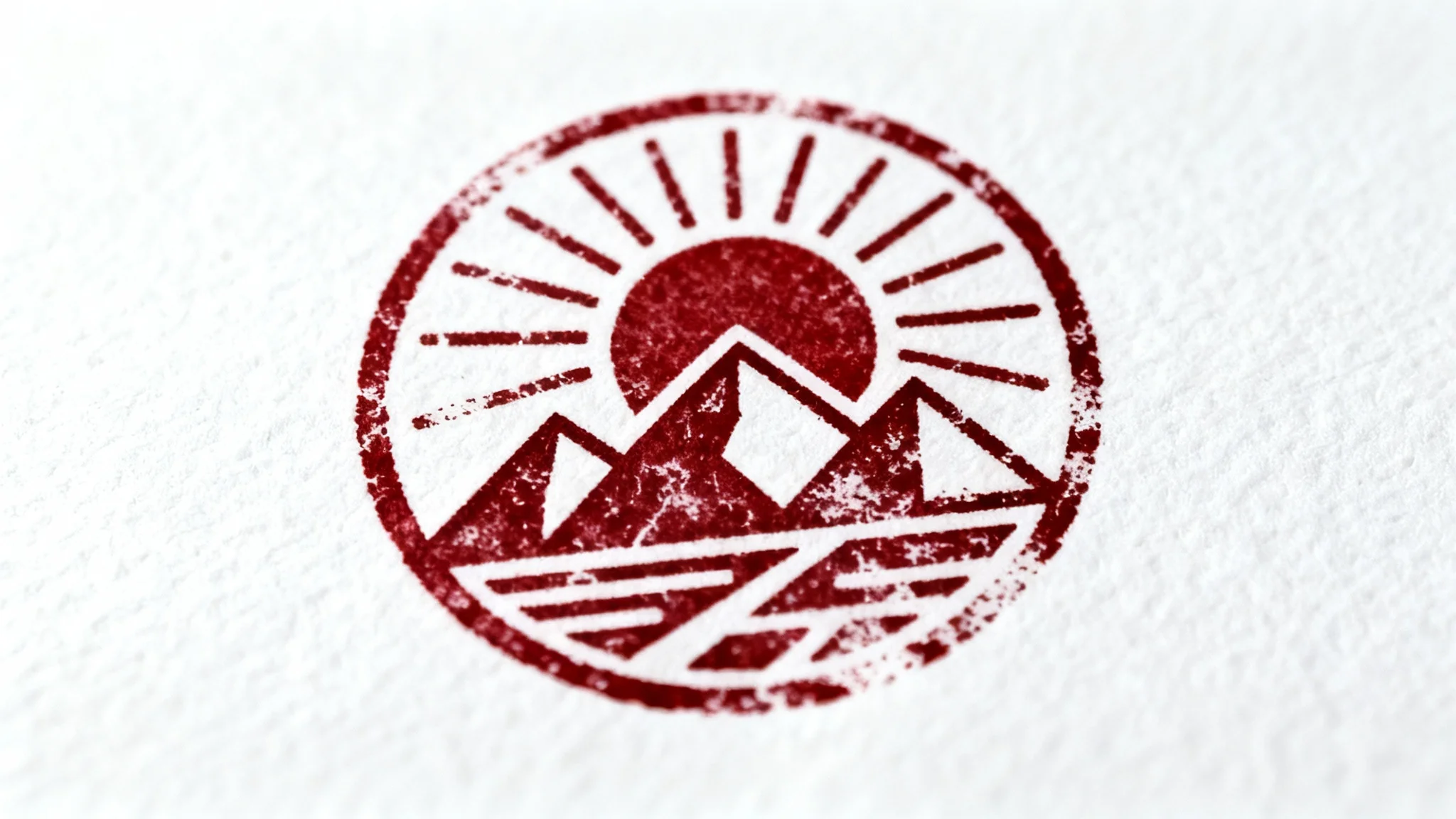 A close-up, realistic image of a circular red ink stamp on a white surface, featuring a design of a mountain range and a sun with a textured, hand-stamped effect.