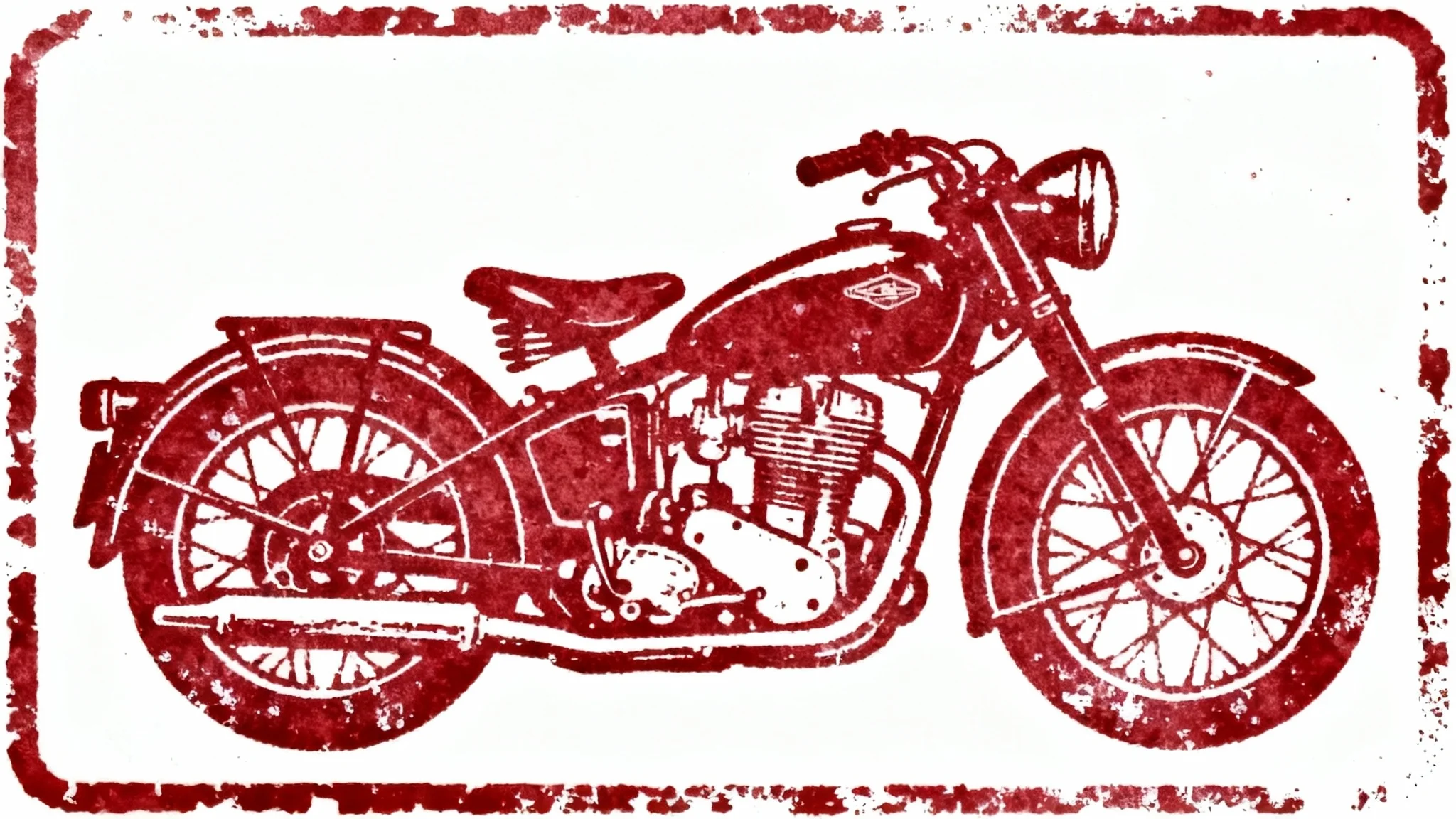 A side-view illustration of a vintage motorcycle, designed to look like a distressed red ink stamp on a clean white background.