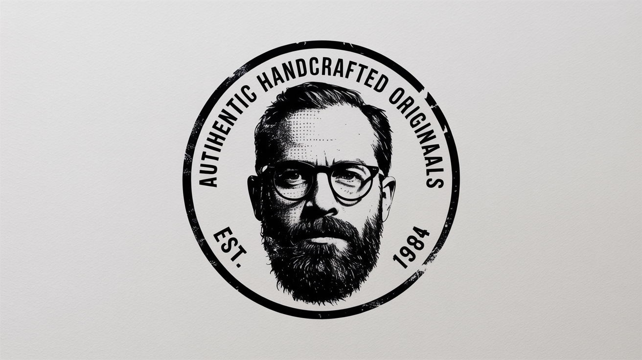 A black ink stamp effect on a white background, featuring a portrait of a bearded man in glasses and the text 'Authentic Handcrafted Originals Est. 1984' in a circular design.