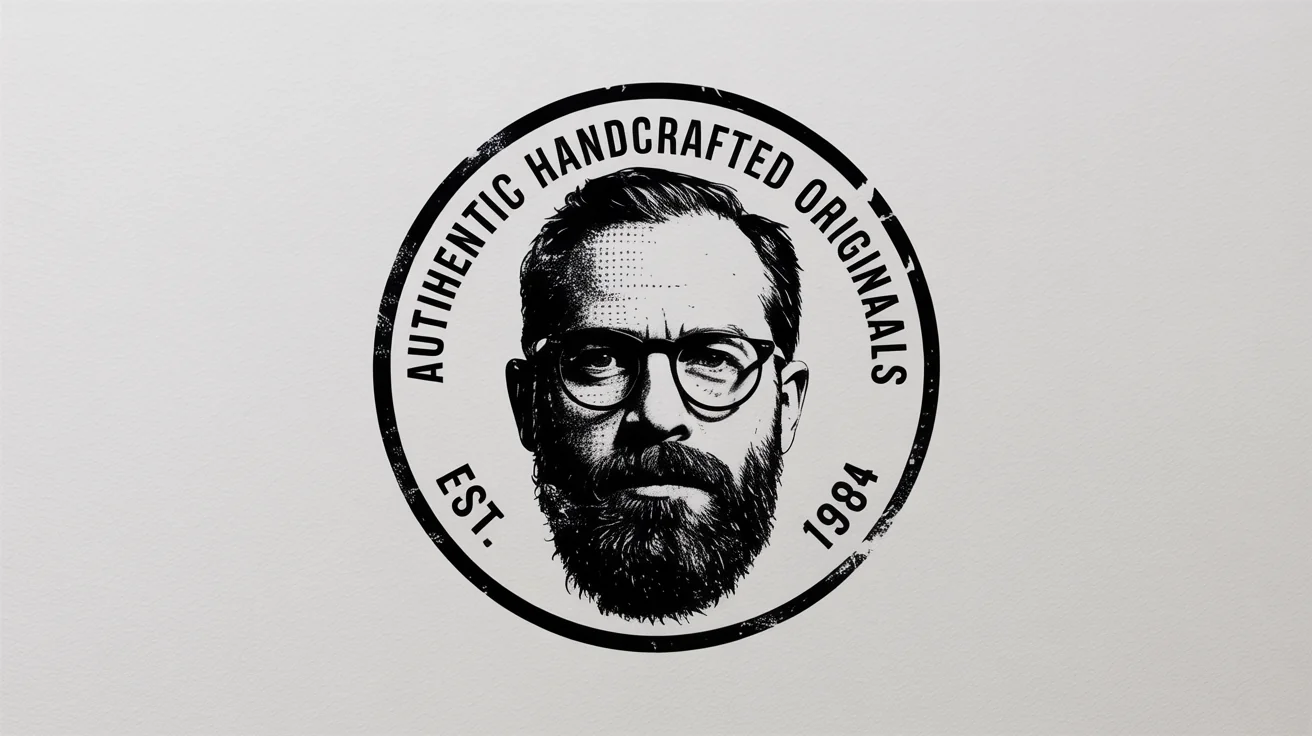 A black ink stamp effect on a white background, featuring a portrait of a bearded man in glasses and the text 'Authentic Handcrafted Originals Est. 1984' in a circular design.