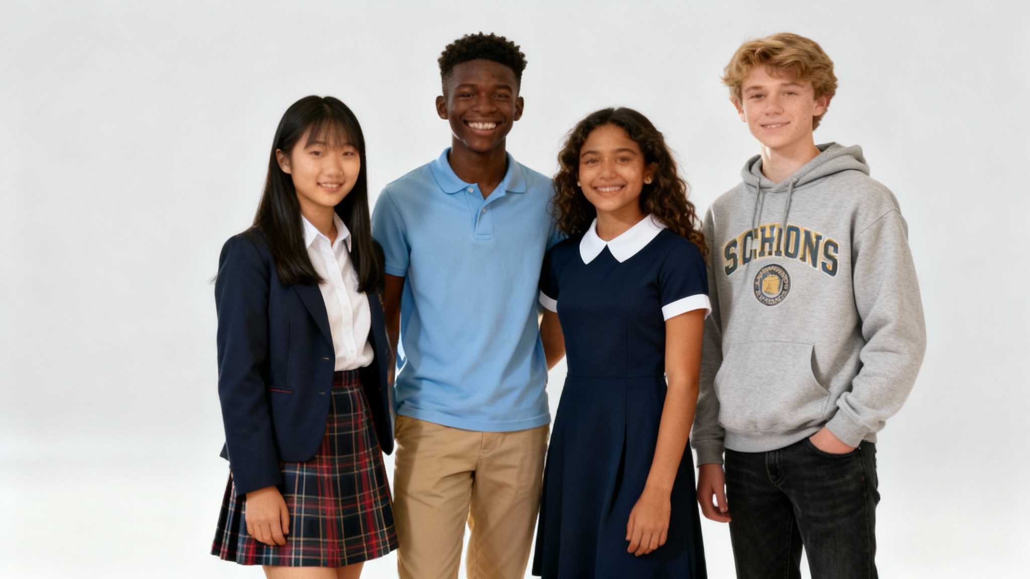 A professional product mockup showing four diverse teenagers modeling different styles of school uniforms against a clean studio background.
