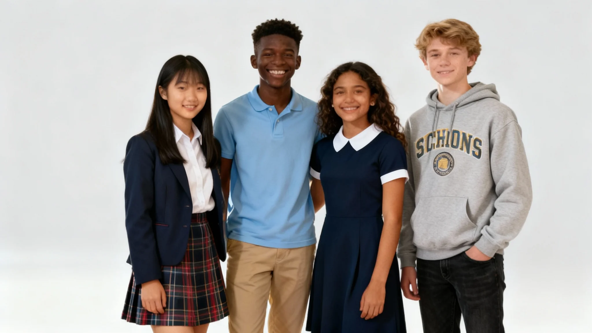 A professional product mockup showing four diverse teenagers modeling different styles of school uniforms against a clean studio background.