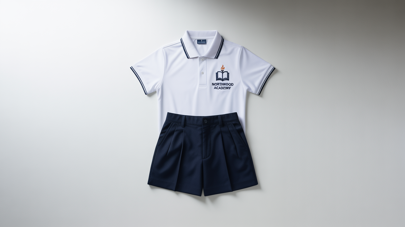 A neatly arranged school uniform mockup, featuring a white polo shirt with a 'Northwood Academy' crest and navy blue shorts, on a white background.