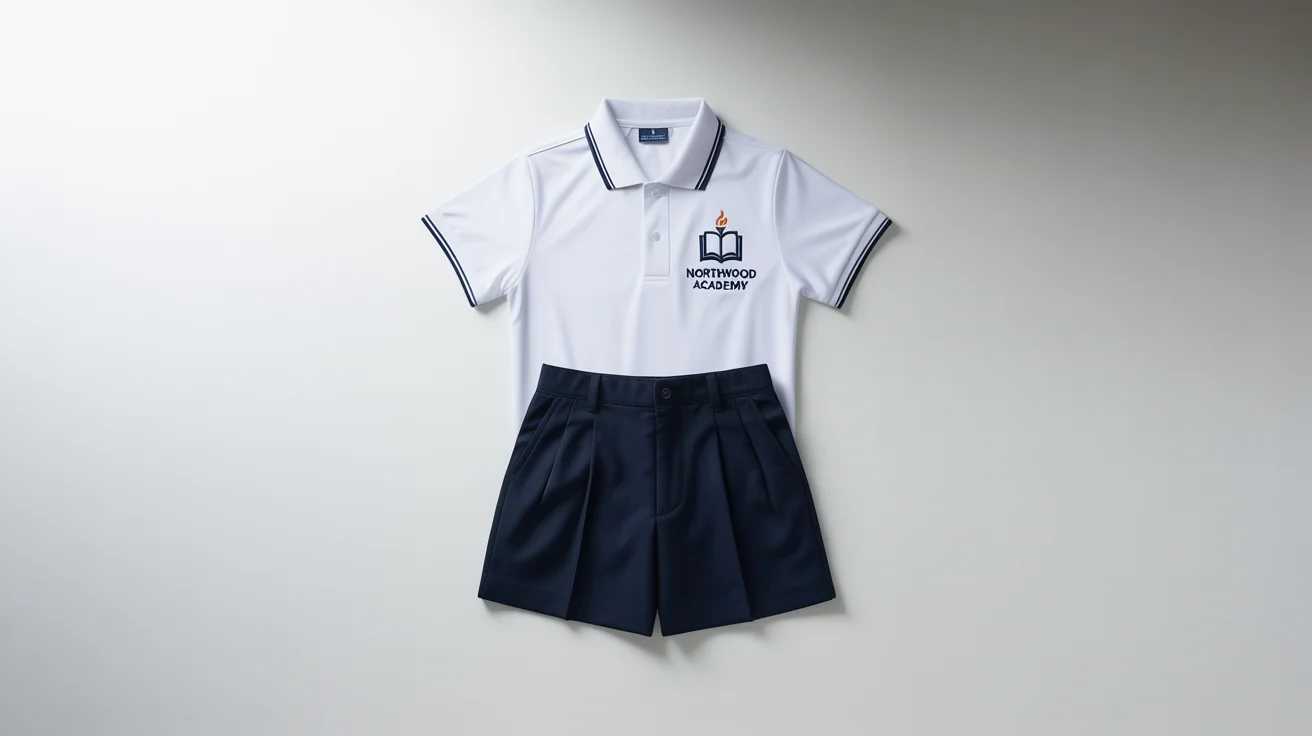 A neatly arranged school uniform mockup, featuring a white polo shirt with a 'Northwood Academy' crest and navy blue shorts, on a white background.