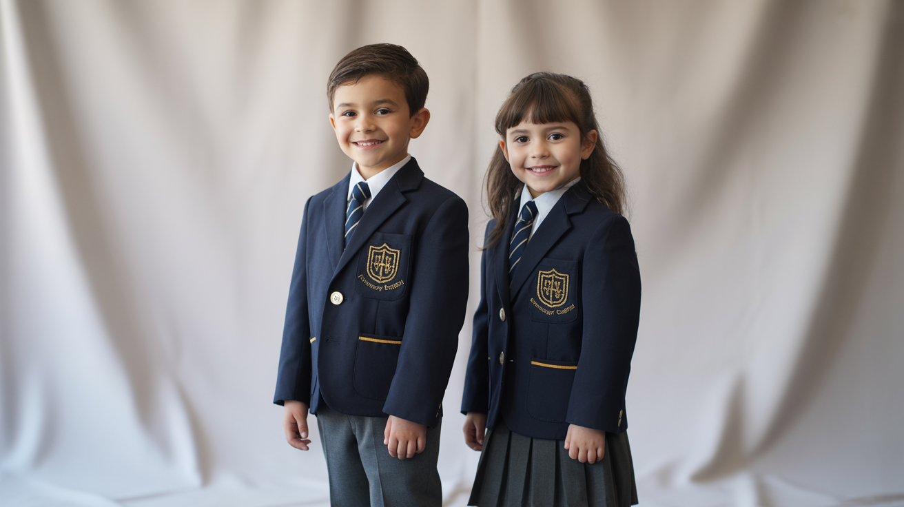 A smiling boy and girl wearing a complete school uniform mockup, including a navy blazer with an 'Evergreen Preparatory Academy' crest, against a plain white background.