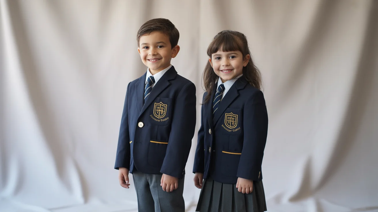A smiling boy and girl wearing a complete school uniform mockup, including a navy blazer with an 'Evergreen Preparatory Academy' crest, against a plain white background.