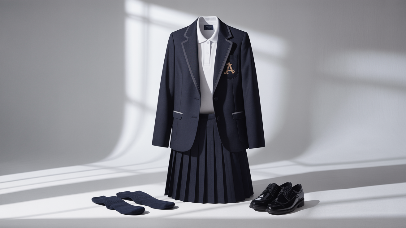 A flat lay mockup of a classic school uniform, including a navy blazer with a crest, a white polo shirt, and a pleated skirt, arranged neatly on a white background.
