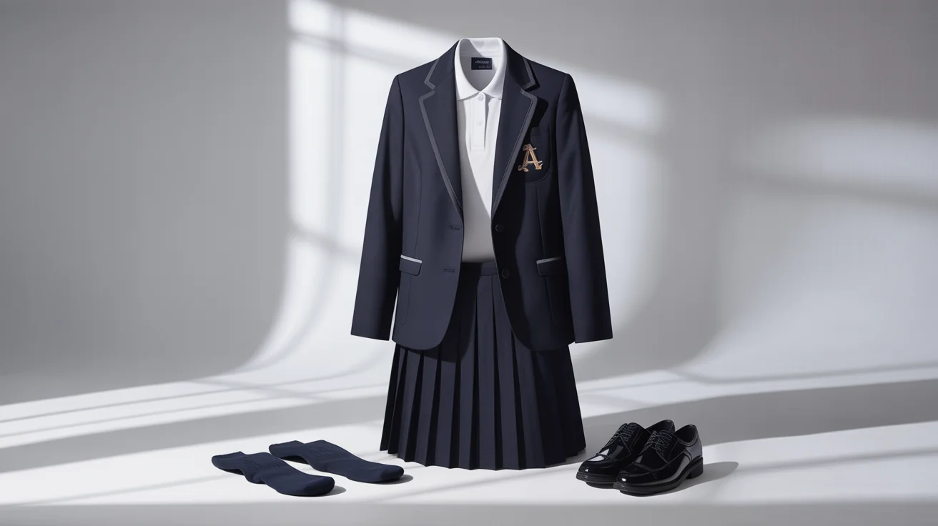 A flat lay mockup of a classic school uniform, including a navy blazer with a crest, a white polo shirt, and a pleated skirt, arranged neatly on a white background.