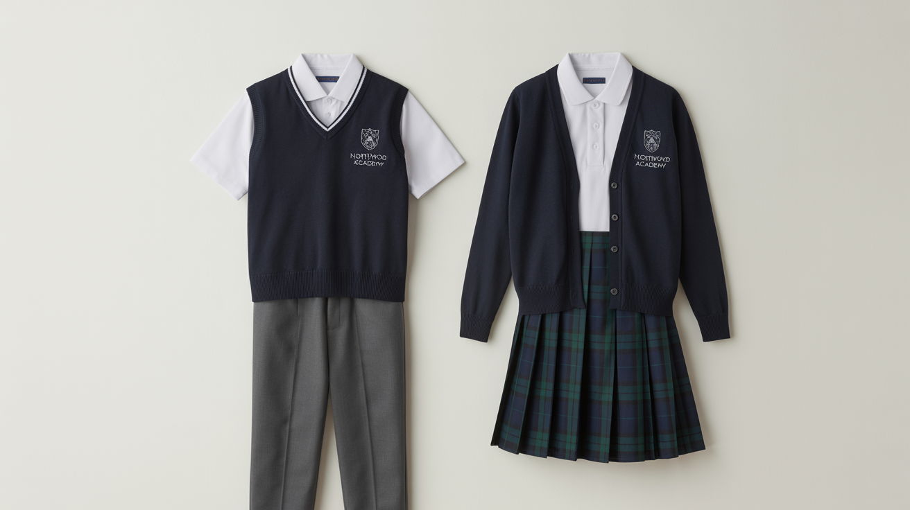 A top-down flat lay of a boy's and girl's school uniform mockup on a clean white background, featuring grey trousers, a tartan skirt, and matching navy sweaters with a school crest that reads 'Northwood Academy'.