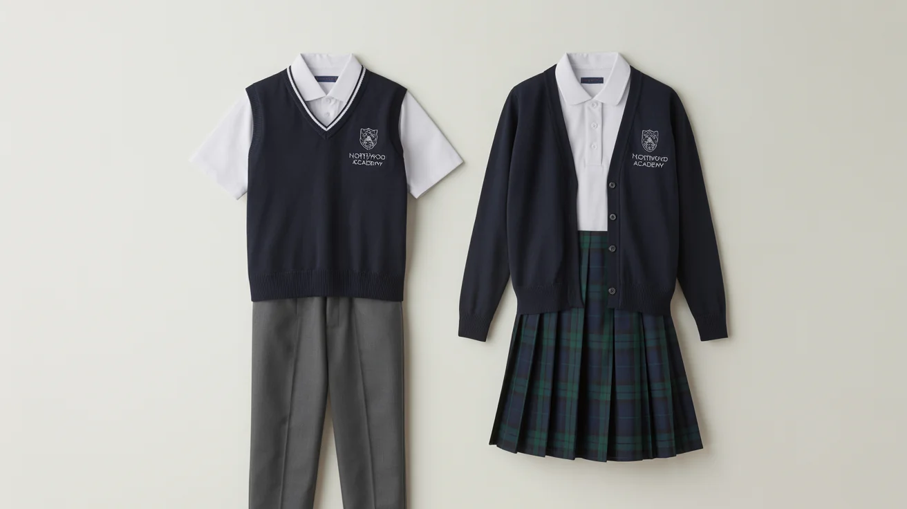 A top-down flat lay of a boy's and girl's school uniform mockup on a clean white background, featuring grey trousers, a tartan skirt, and matching navy sweaters with a school crest that reads 'Northwood Academy'.