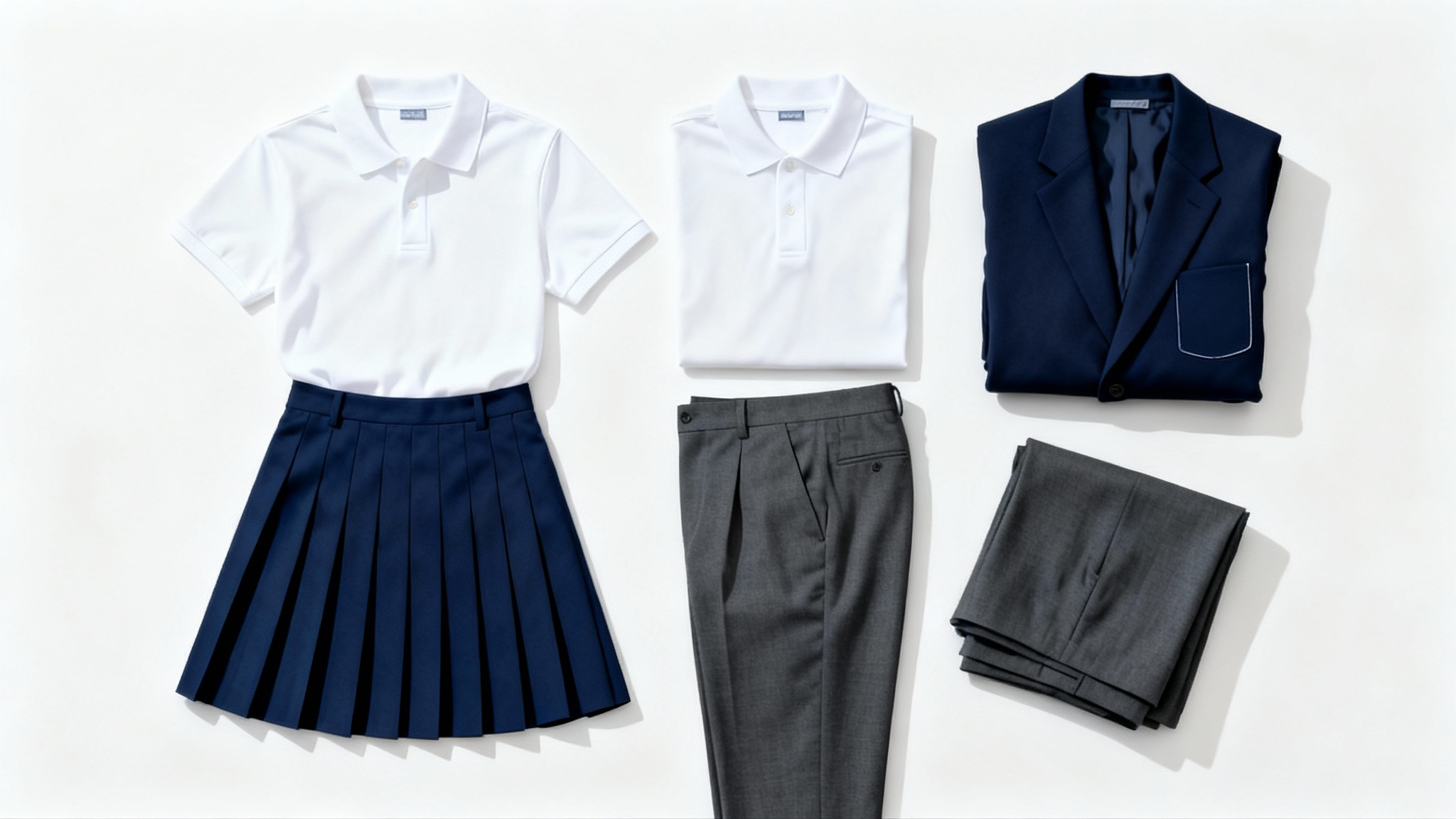 A flat lay of a school uniform mockup on a white background, featuring white polo shirts, a navy pleated skirt, grey trousers, and a navy blazer with a blank crest patch.