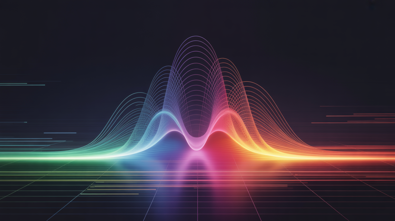 A vibrant and colorful hero image of a spectrogram, showing sound frequencies over time with a color gradient from blue to yellow, representing the final output of an audio visualization tool.