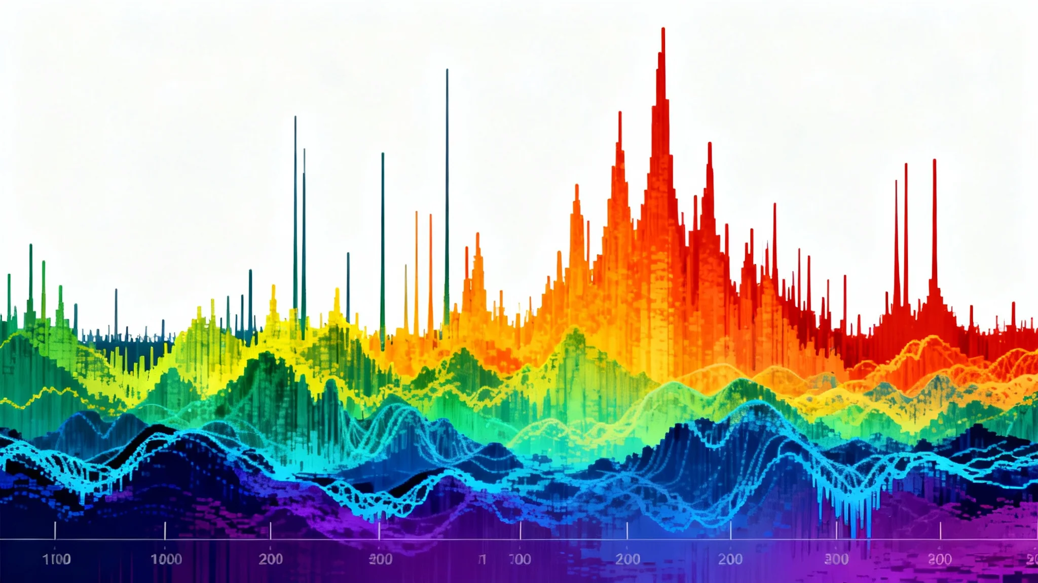 A colorful and detailed spectrogram image mockup showing the visualization of sound waves with a spectrum from blue to red, isolated on a clean white background.