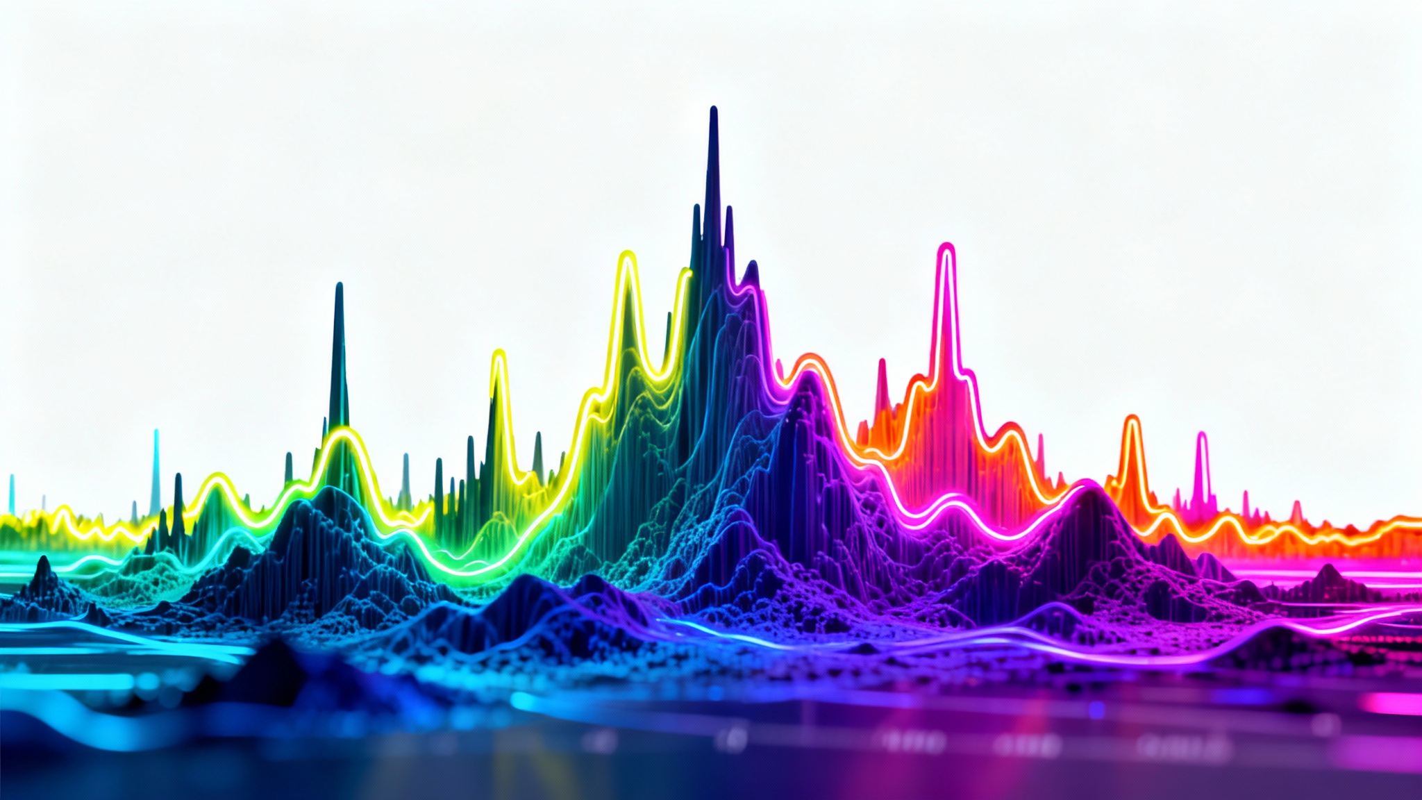A vibrant and colorful spectrogram on a clean white background, visualizing sound frequencies as a dynamic pattern of blues, greens, yellows, and reds.