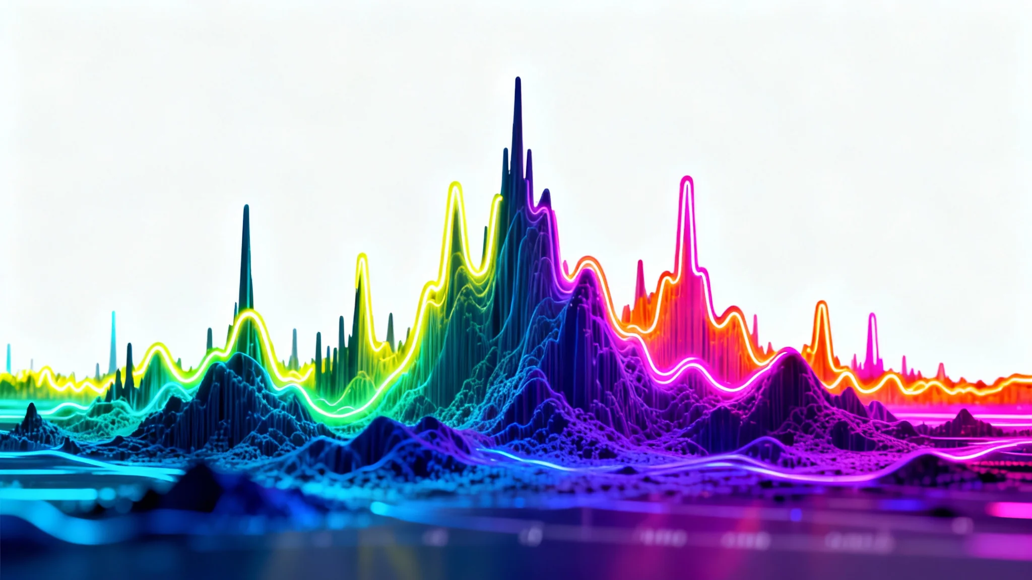A vibrant and colorful spectrogram on a clean white background, visualizing sound frequencies as a dynamic pattern of blues, greens, yellows, and reds.