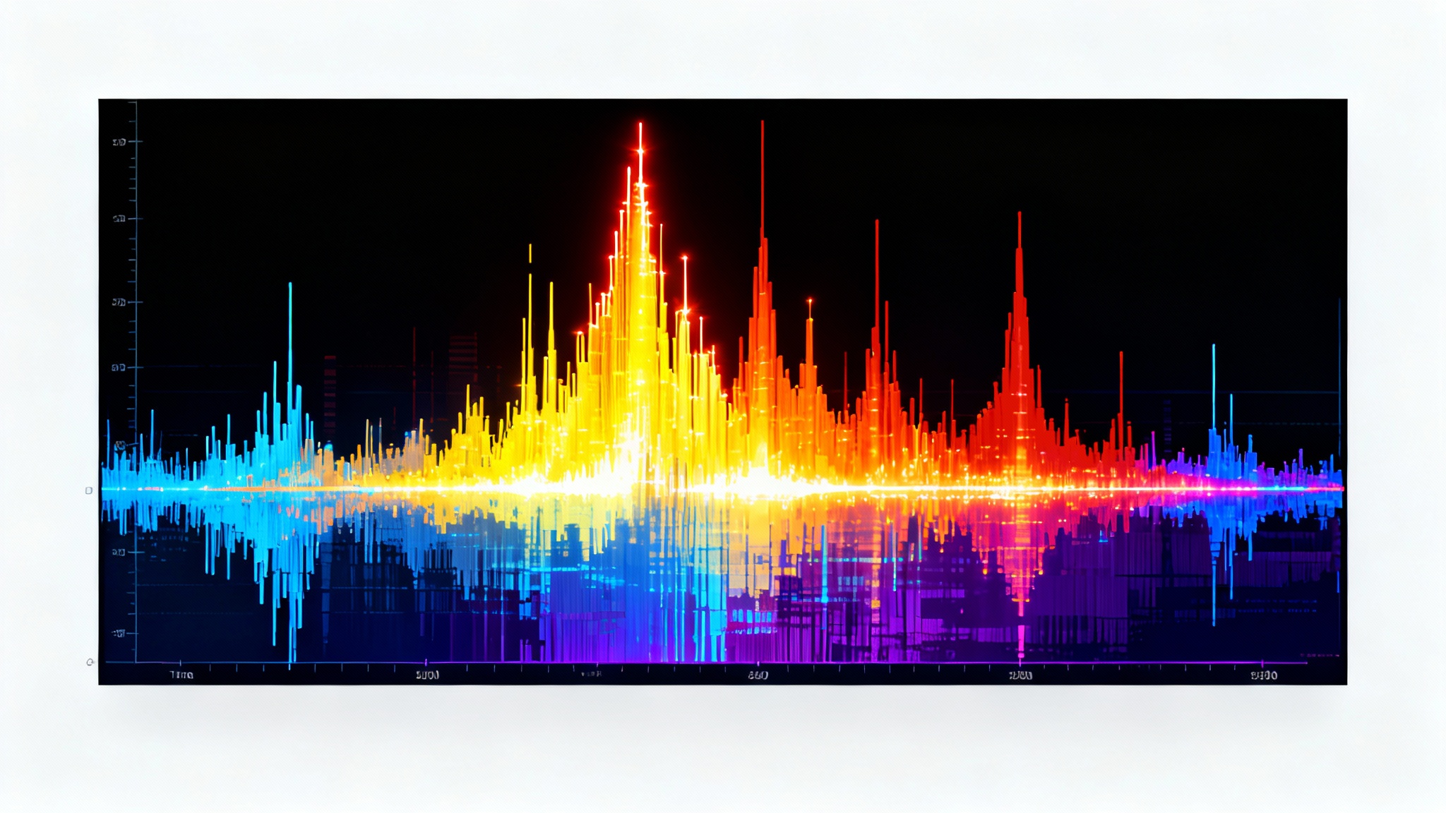 A colorful and detailed spectrogram chart representing sound waves, with vibrant peaks of yellow and red on a dark field, presented on a clean white background.