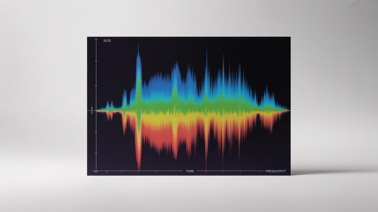 A professional mockup of a spectrogram, showing vibrant colors from blue to red that visualize an audio signal's frequency and intensity over time on a clean white background.