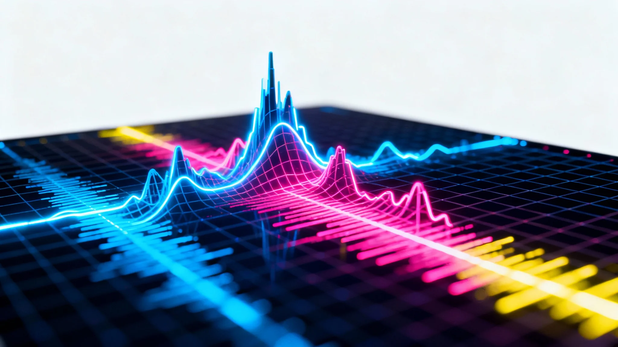 A colorful spectrogram displaying sound frequencies as vibrant neon lines on a dark grid, set against a clean white background, representing audio data visualization.