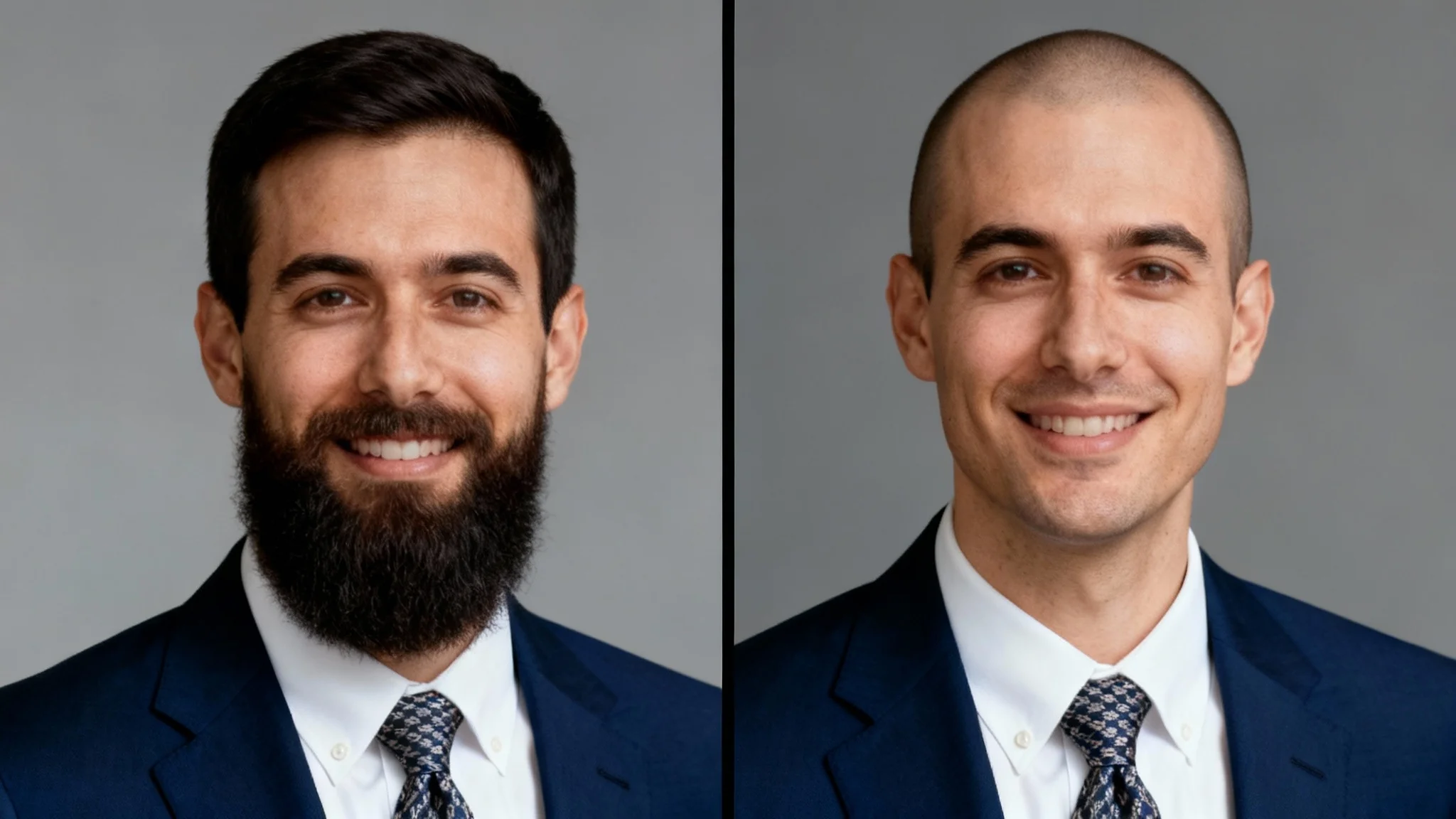 Before and after split screen showing a man's professional headshot; on the left he has a thick beard, and on the right he is completely clean-shaven, demonstrating a beard removal AI tool.