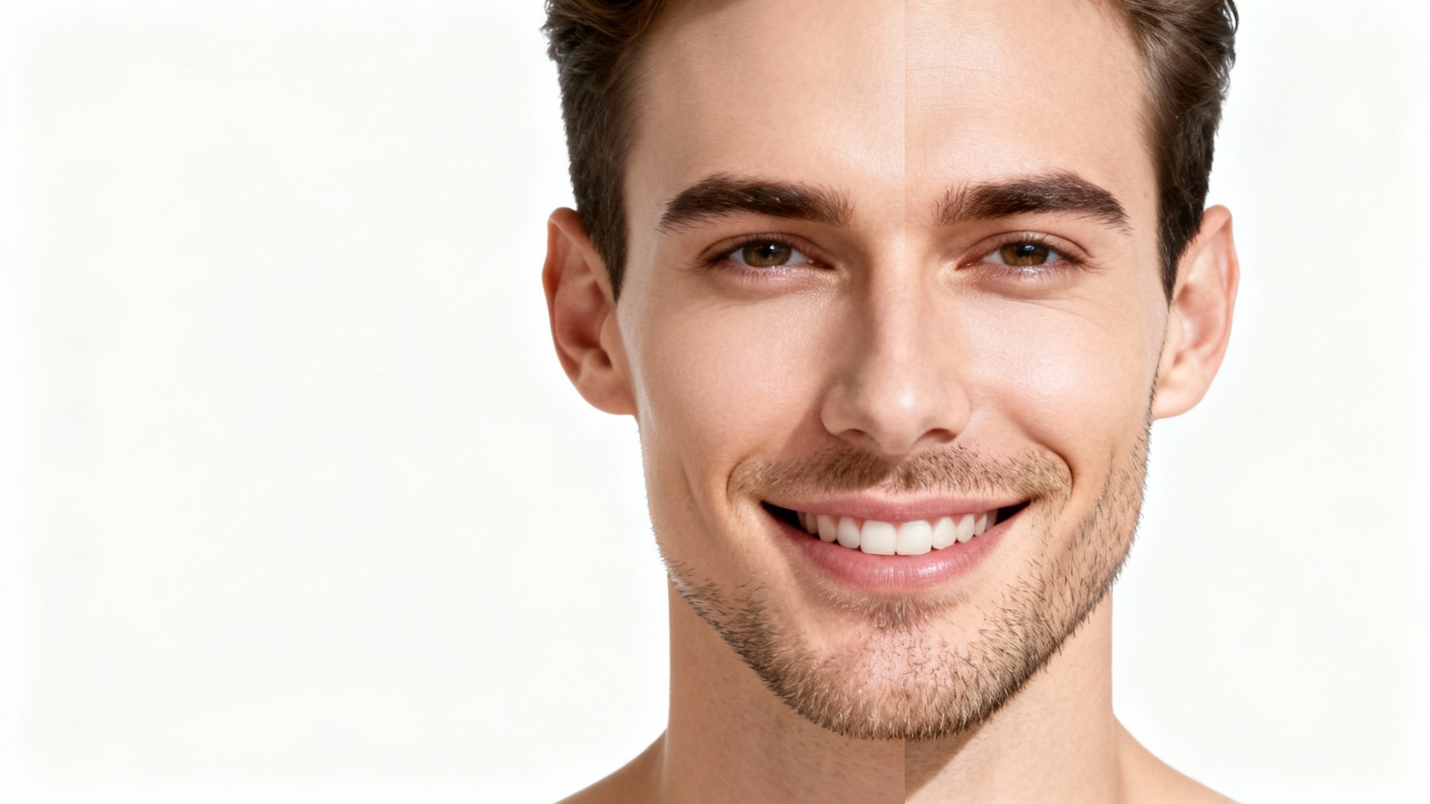 A before-and-after mockup image showing a man's face, half with light stubble and the other half perfectly clean-shaven, demonstrating the effect of a beard remover.