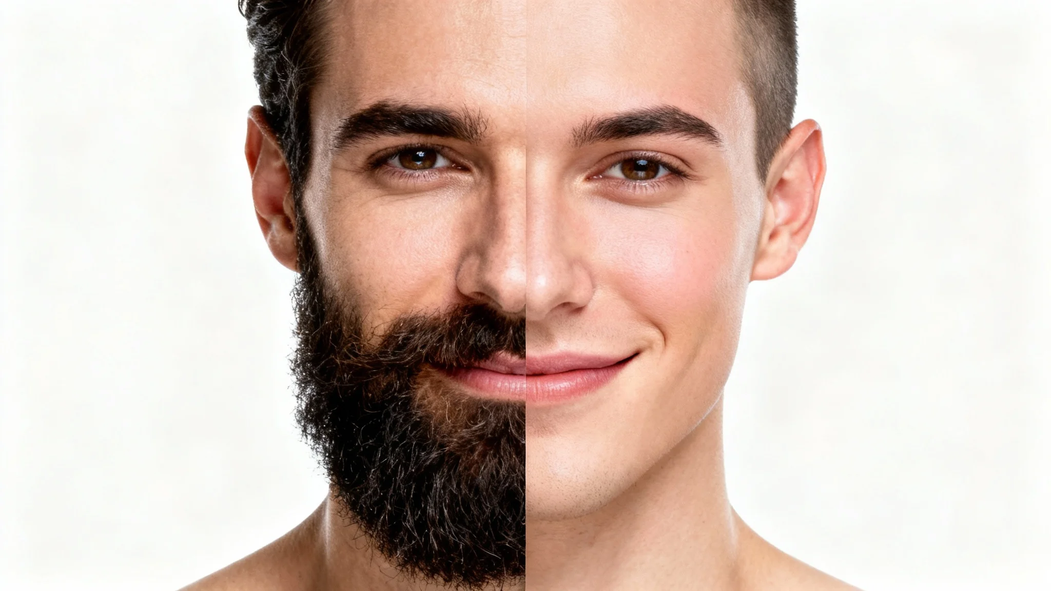 A before-and-after close-up of a man's face; one side shows a full beard, while the other is completely clean-shaven, demonstrating the effectiveness of a beard remover.