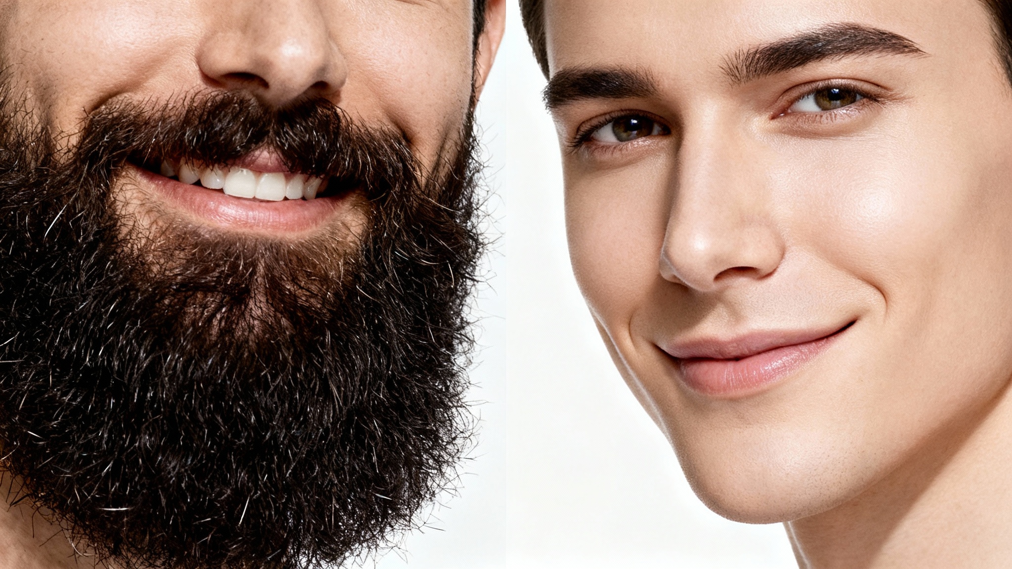 A split-image of a man's face showing a dramatic before-and-after effect: one side has a thick beard, and the other side is completely smooth and clean-shaven.