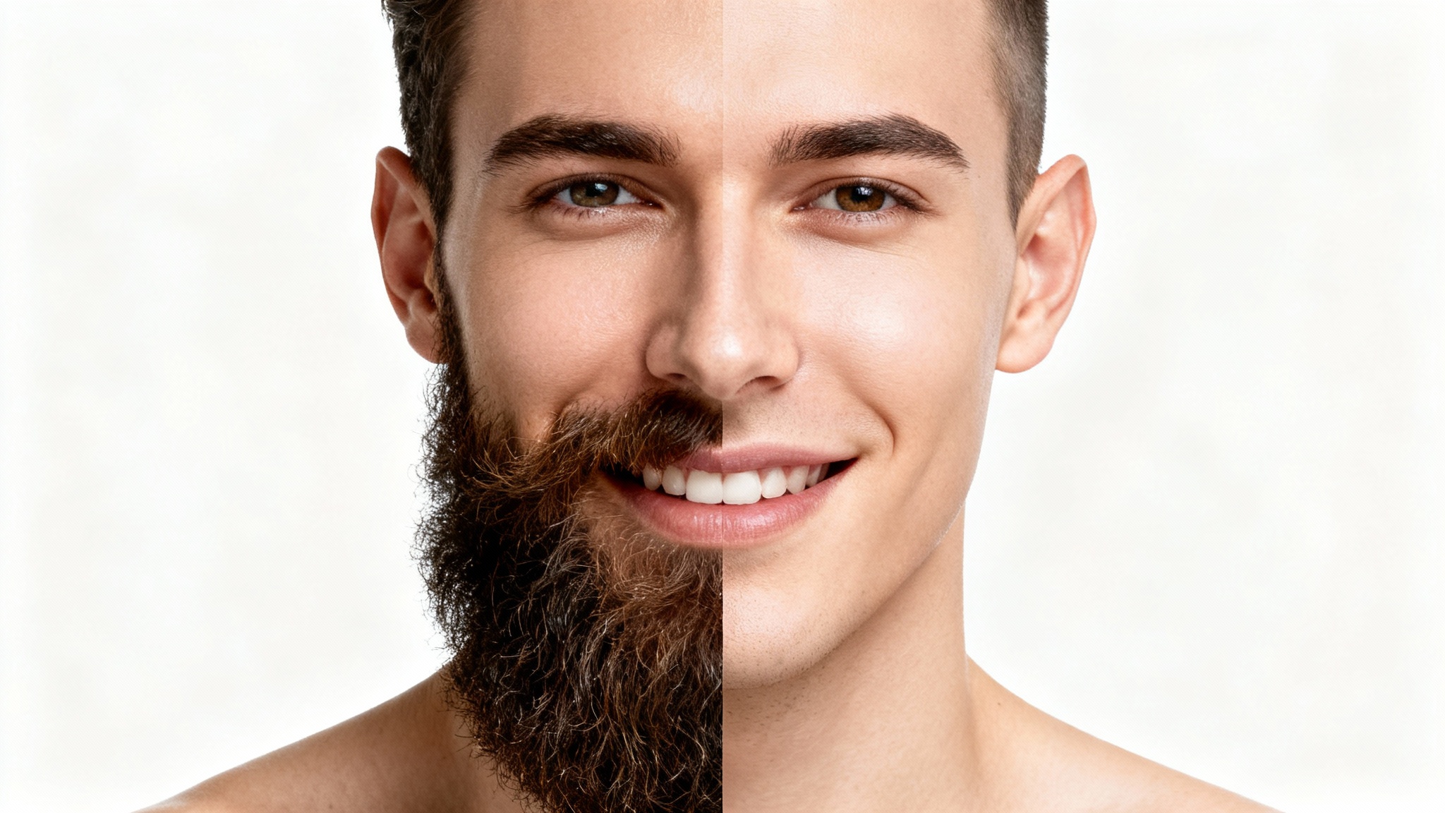 A close-up of a man's face, demonstrating a before-and-after effect. Half of his face has a full beard, and the other half is perfectly clean-shaven, set against a plain white background.