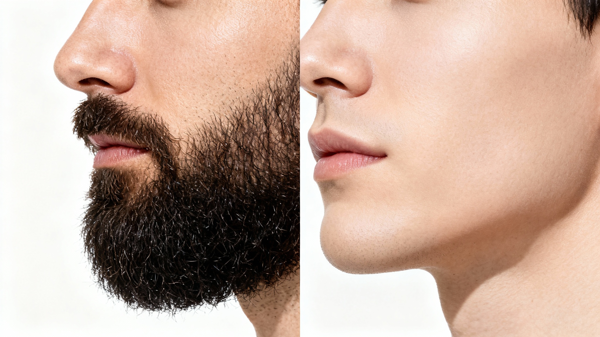 A close-up, split-screen image demonstrating a beard remover. The left side shows a man's face with a thick beard, and the right side shows the same face completely clean-shaven and smooth.