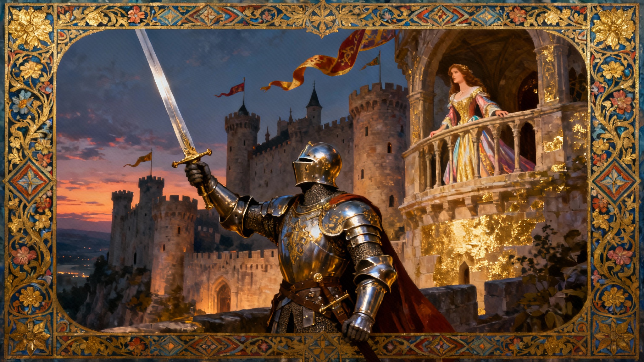 A detailed medieval art scene showing a knight in armor and a lady at a castle, framed with an ornate border like an illuminated manuscript.