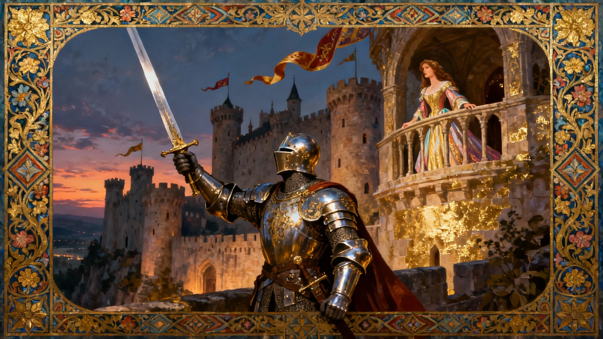 A detailed medieval art scene showing a knight in armor and a lady at a castle, framed with an ornate border like an illuminated manuscript.